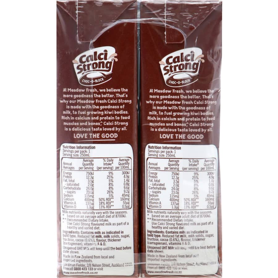 Creamy Meadow Fresh Calci Strong chocolate milk offers rich flavor and half your daily calcium in a convenient UHT carton.