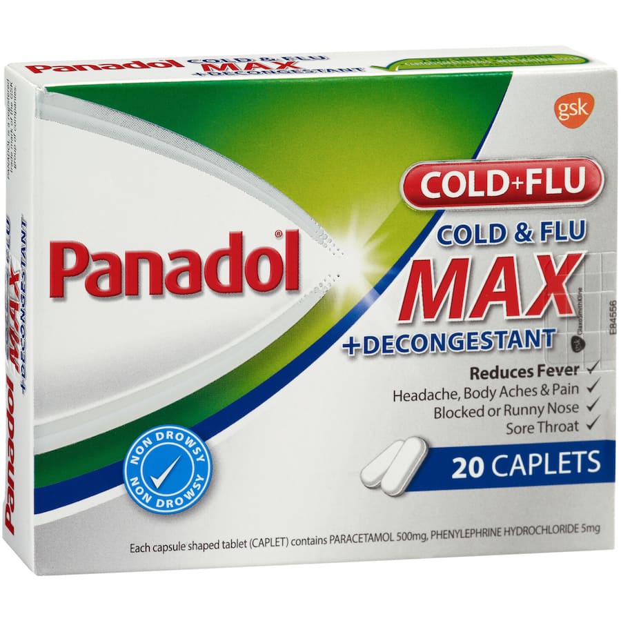 Panadol Cold & Flu Max Caplets for fast relief from cold, flu, congestion, headache, and body aches. Ideal for busy lifestyles.