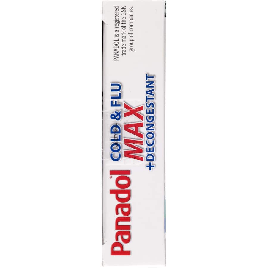 Panadol Cold & Flu Max caplets for fast relief from cold symptoms, including congestion, headache, and body aches.