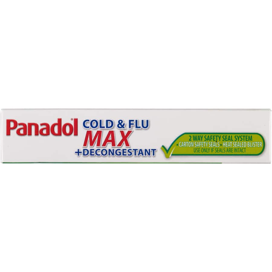 Panadol Cold & Flu Max caplets for fast relief from cold symptoms, including congestion, headache, and body aches.