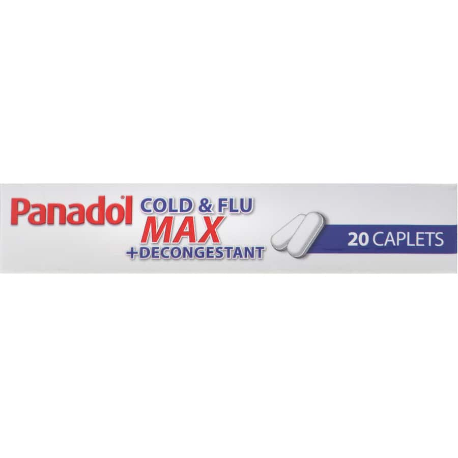 Panadol Cold & Flu Max Caplets for fast relief from cold symptoms, congestion, headaches, fever, and body aches.