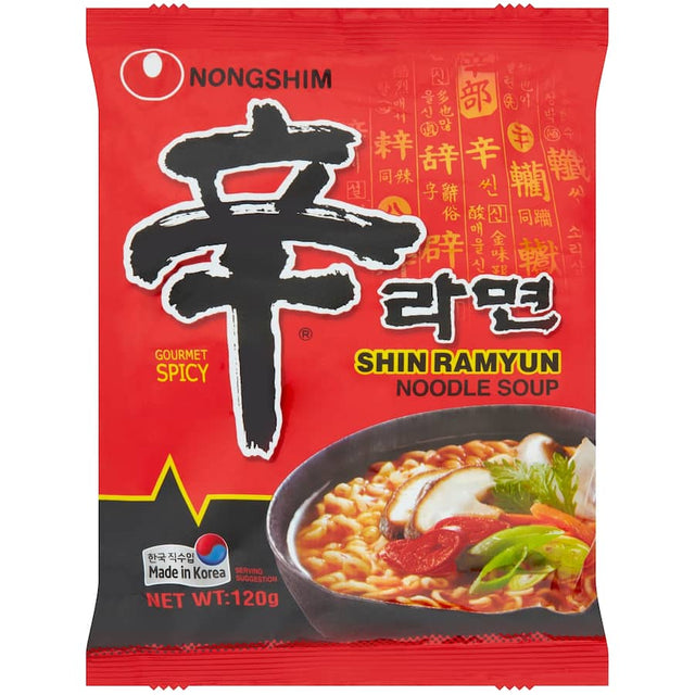 Nong Shim Shin Ramen Noodles pack featuring rich, spicy broth and chewy noodles, perfect for a quick and customizable meal.