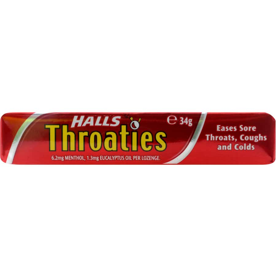 Halls Throaties Lozenges Original Stick for soothing sore throats, providing quick relief and refreshing taste for all ages.