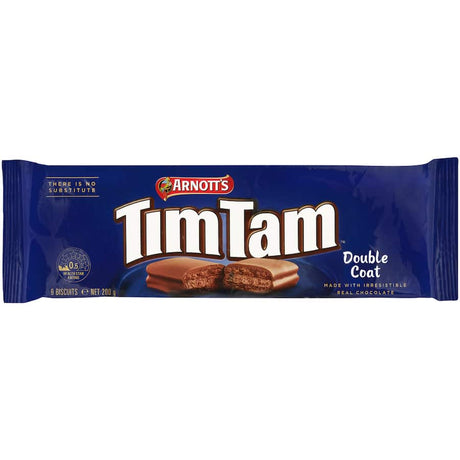 Arnotts Tim Tam Double Coat biscuits with rich chocolate coating and truffle cream, perfect for indulgent snacking.