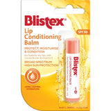 Blistex Lip Balm Conditioning SPF 30: Hydrating formula with cocoa butter and vitamin E for soft, protected lips.