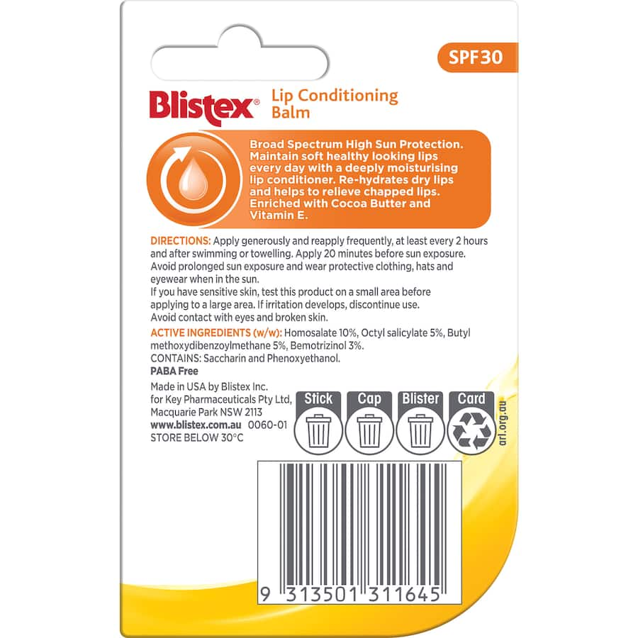 Blistex Lip Balm Conditioning SPF 30, enriched with cocoa butter and vitamin E, hydrates and protects against UV rays.