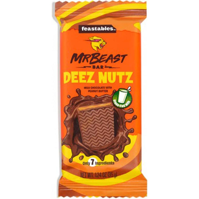 Feastables Mr Beast Chocolate Bar Deez Nutz, a creamy hazelnut chocolate treat with a satisfying crunch. Non-stop deliciousness!