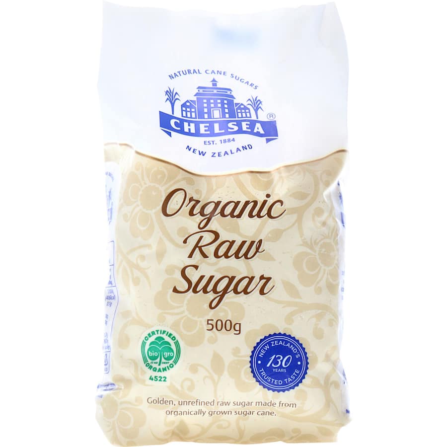 Chelsea Organic Raw Sugar, unrefined and rich in molasses, ideal for baking and sweetening beverages. Vegan and non-GMO.