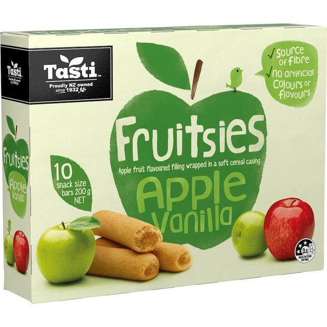 Chewy Tasti Fruitsies Fruit Sticks in apple and vanilla, perfect for kids' snacks, made with real fruit, no artificial flavors.