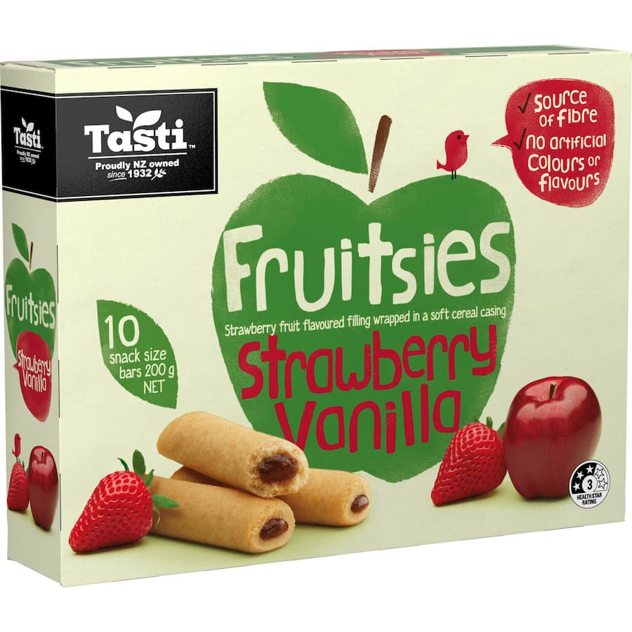 Tasti Fruitsies Fruit Sticks in Strawberry Vanilla, a soft snack with real fruit, perfect for kids and guilt-free indulgence.