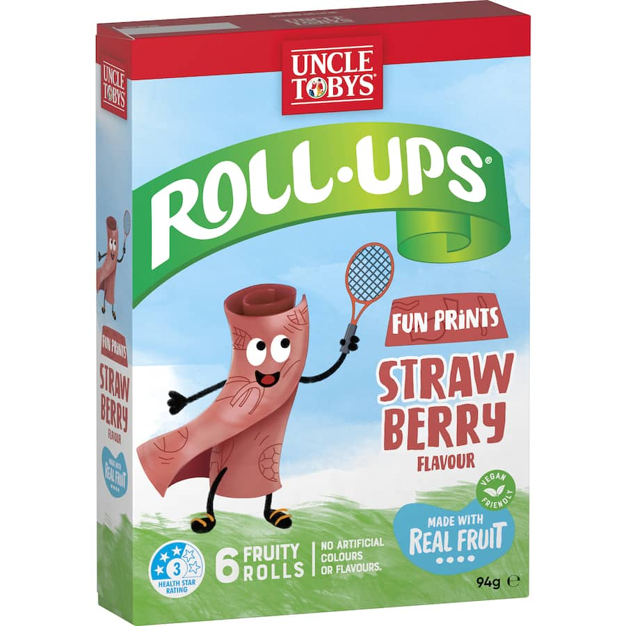 Delicious Uncle Tobys strawberry roll-ups with fun prints, made from real fruit, perfect for snacks or lunchboxes.