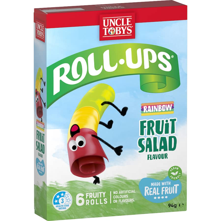 Colorful Uncle Tobys Roll-ups with real fruit, perfect for satisfying sweet cravings in lunchboxes or on-the-go snacks.