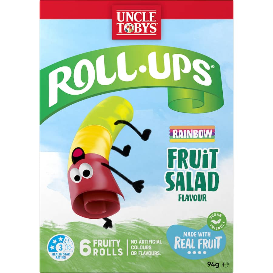 Colorful Uncle Tobys Roll-ups showcasing real fruit in a soft, mess-free snack perfect for kids and family outings.