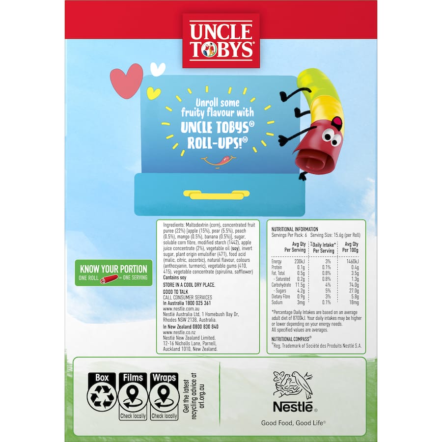 Colorful Uncle Tobys Roll-ups featuring real fruit, offering a tasty and nutritious snack option for all occasions.