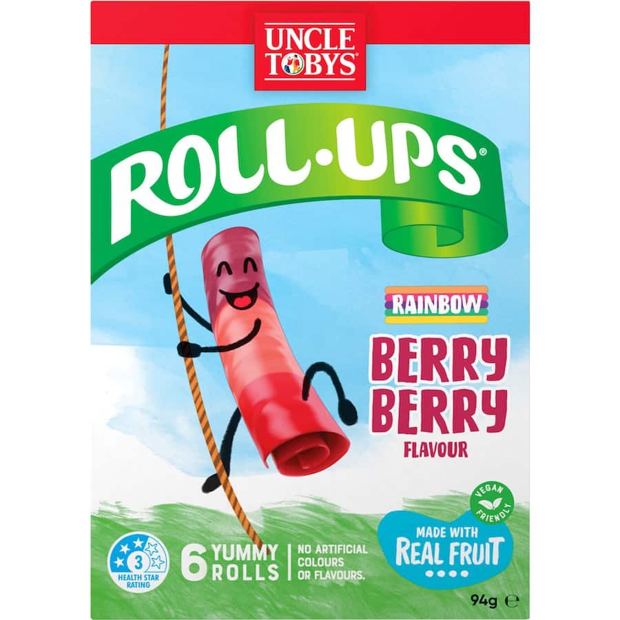 Colorful Uncle Tobys Roll-ups Fruit Snack, featuring real fruit and a mix of berries for a tasty, healthy treat.