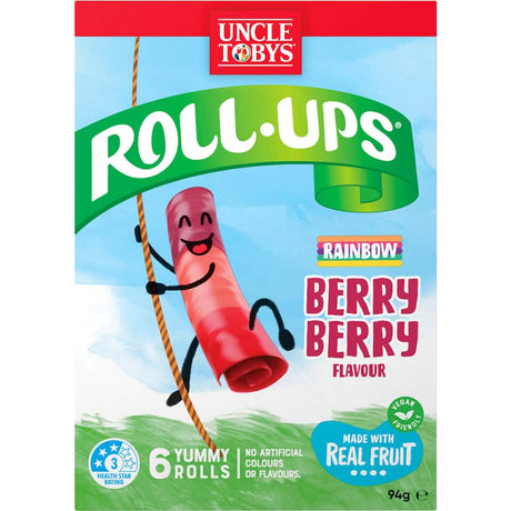 Colorful Uncle Tobys Roll-ups Fruit Snack, featuring real fruit and a mix of berries for a tasty, healthy treat.