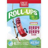 Colorful pack of Uncle Tobys Roll-ups featuring real fruit berry snacks, perfect for kids' lunches or healthy on-the-go treats.