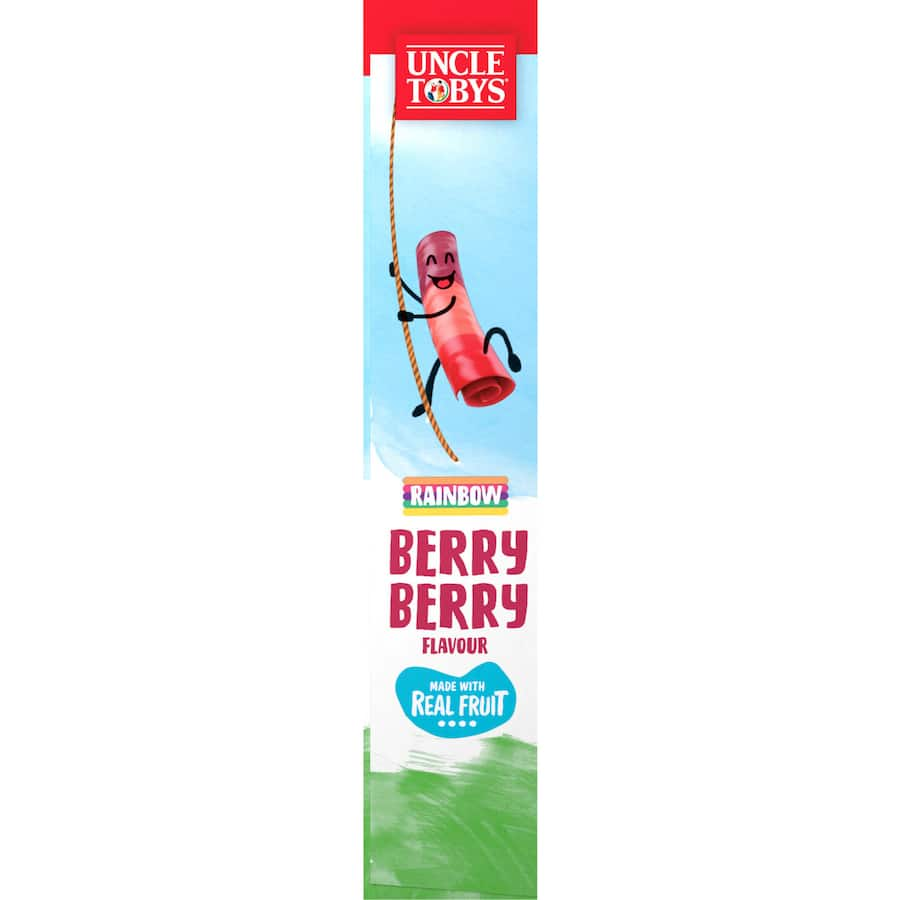 Uncle Tobys Roll-ups Rainbow Berry Berry snacks, made with real fruit for a tasty, healthy treat.