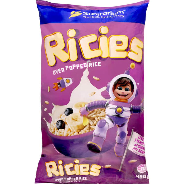 Crispy air-popped rice cereal packed with B vitamins and iron for a nutritious breakfast option for all ages.