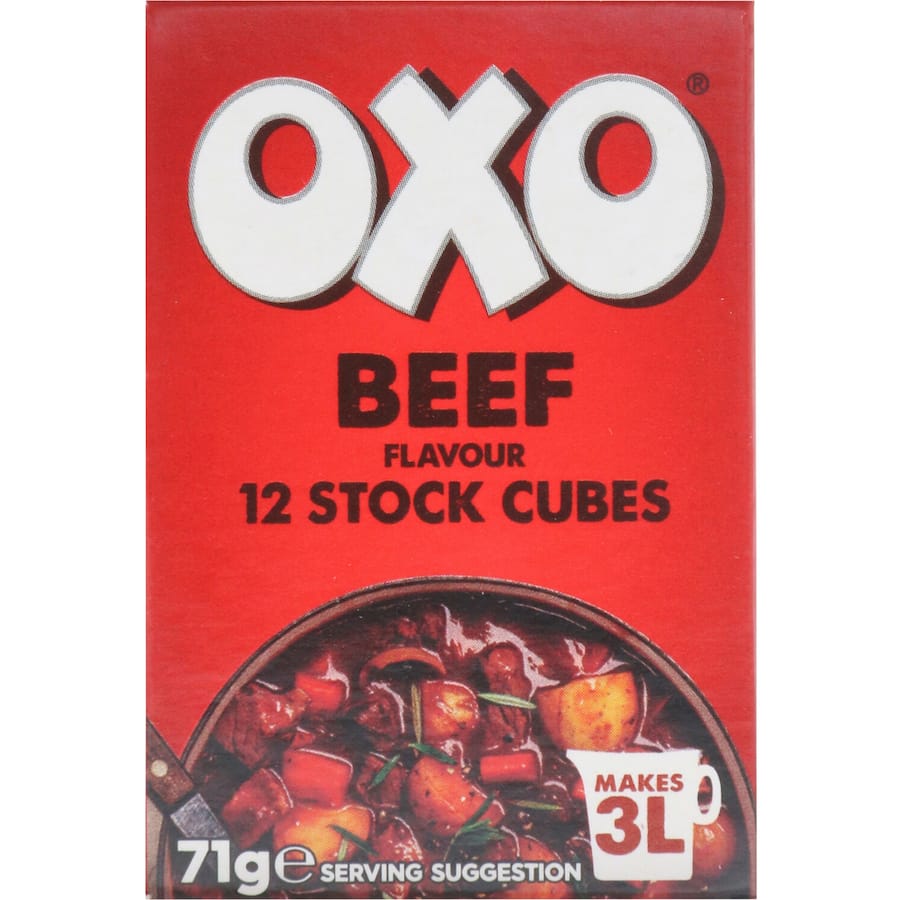 Oxo Beef Stock Cubes 71g, rich flavor enhancer for hearty dishes like bolognese, stews, and pies, dissolves easily in water.