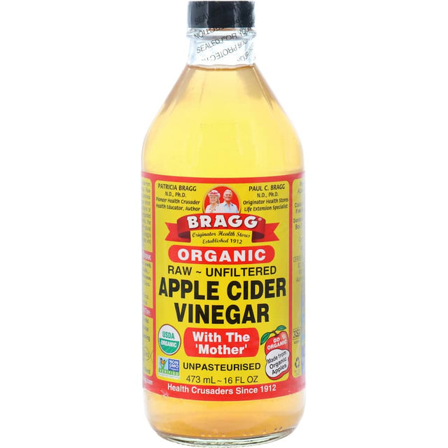 Bragg Organic Apple Cider Vinegar bottle showcasing raw vinegar with 'mother' for health benefits and culinary use.