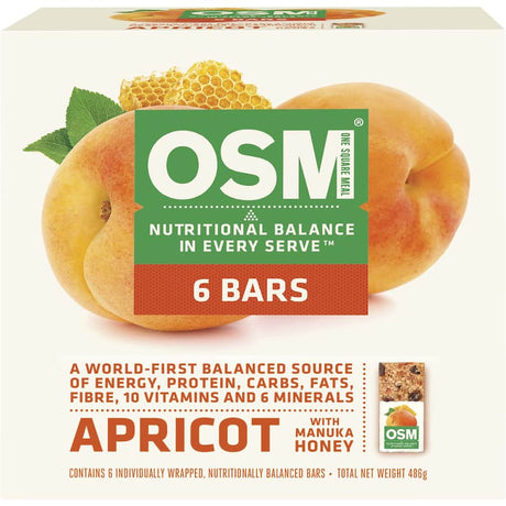 One Square Meal Muesli Bars featuring apricot and manuka honey, perfect nutritious snack for busy lifestyles.