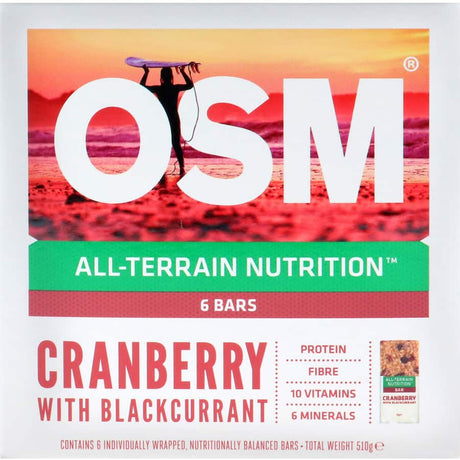 One Square Meal Muesli Bars with cranberries and blackcurrant, offering a nutritious, fruity snack packed with energy.