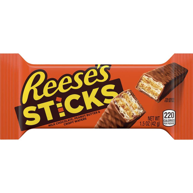 Reese's Chocolate Bar Sticks featuring creamy peanut butter and crunchy chocolate, perfect for snacking or sharing.