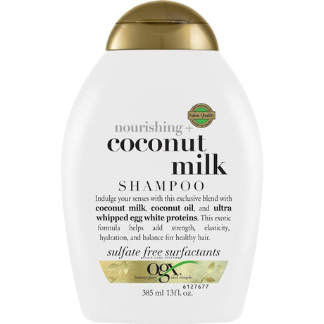 OGX Coconut Milk Shampoo bottle showcasing its nourishing blend of coconut milk, oil, and egg white proteins for luscious hair.