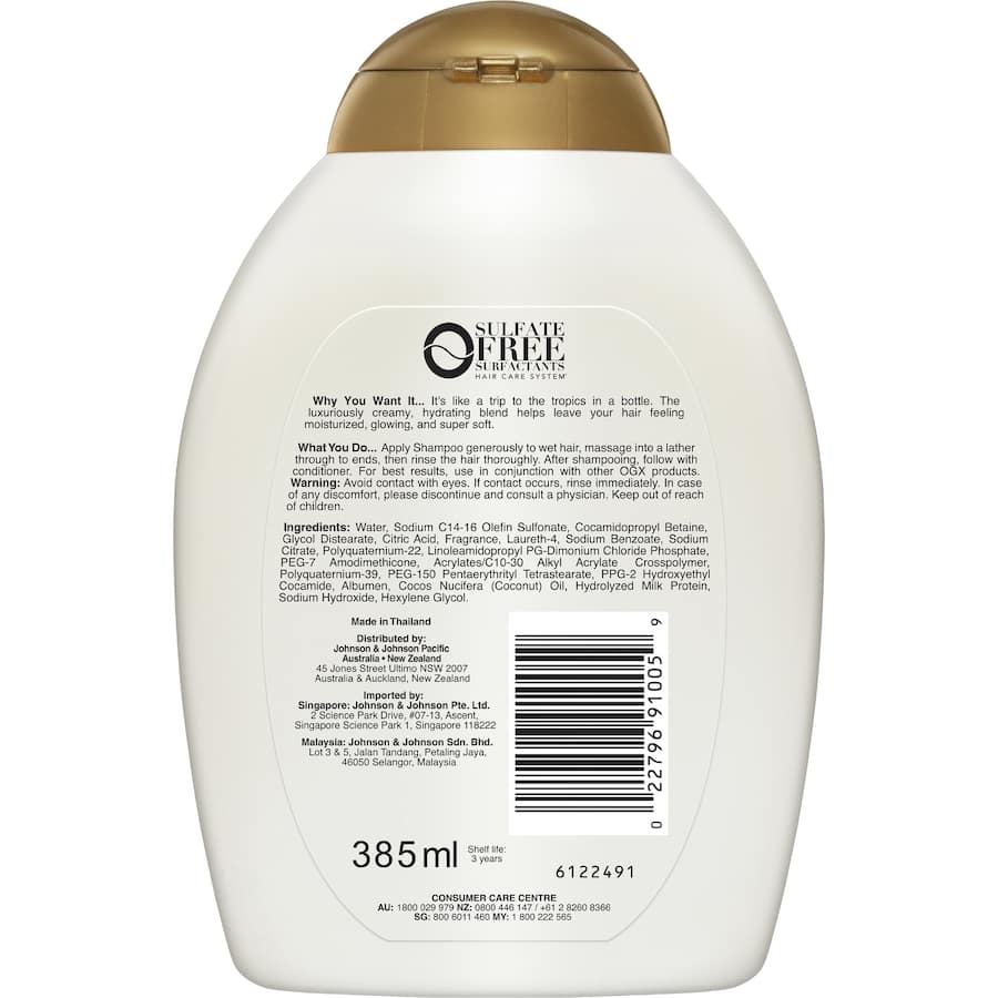 Bottle of OGX Coconut Milk Shampoo featuring tropical ingredients for nourished, hydrated, and healthy hair.