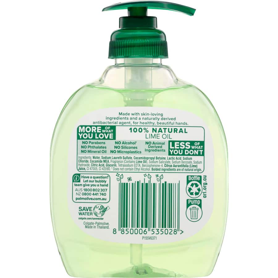 Palmolive Antibacterial Liquid Hand Wash with lime oil, kills 99.9% of germs and neutralizes strong food odors effectively.