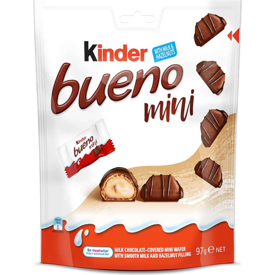 Mini Kinder Bueno Chocolate bars in a sharepack, featuring creamy hazelnut filling and smooth milk chocolate, perfect for sharing.