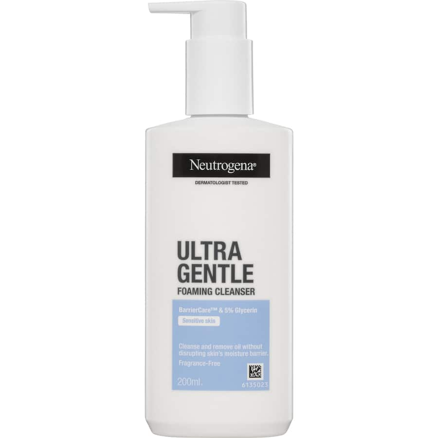 Neutrogena Ultra Gentle Foaming Cleanser: Dermatologist-developed formula for sensitive skin, offering 6x gentle cleansing and hydration.