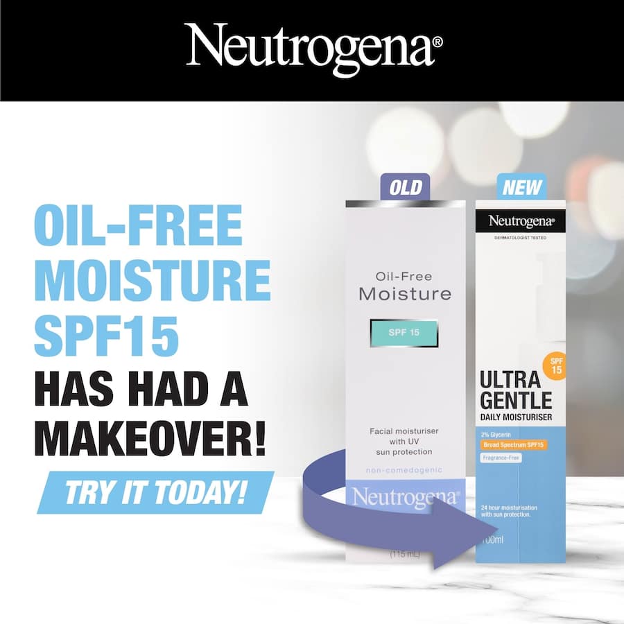 Lightweight Neutrogena Moisturiser with SPF15 offers 24-hour hydration and sun protection, ideal for all skin types.