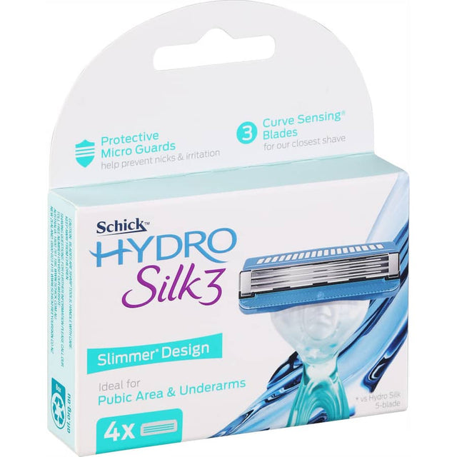 Schick Hydro Silk 3 Razor Blades with moisturizing serum for a smooth, irritation-free shave ideal for women's sensitive skin.