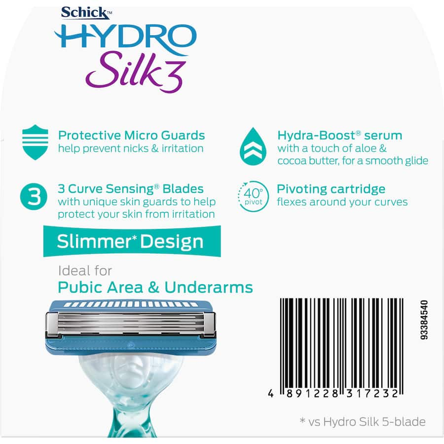 Schick Hydro Silk 3 Razor Blades with moisturizing serum for a smooth, comfortable shave, perfect for sensitive skin.