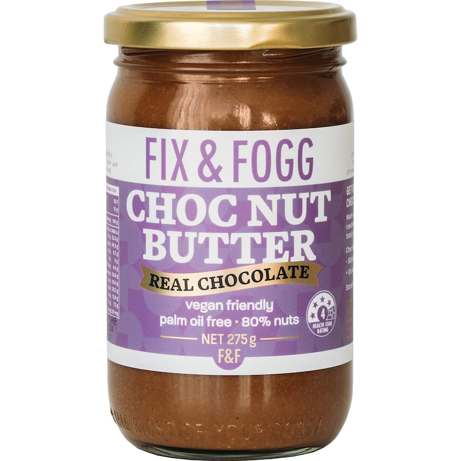 Creamy Fix & Fogg Choc Nut Butter jar featuring roasted nuts and cocoa, gluten-free and vegan, perfect for snacks or spreads.