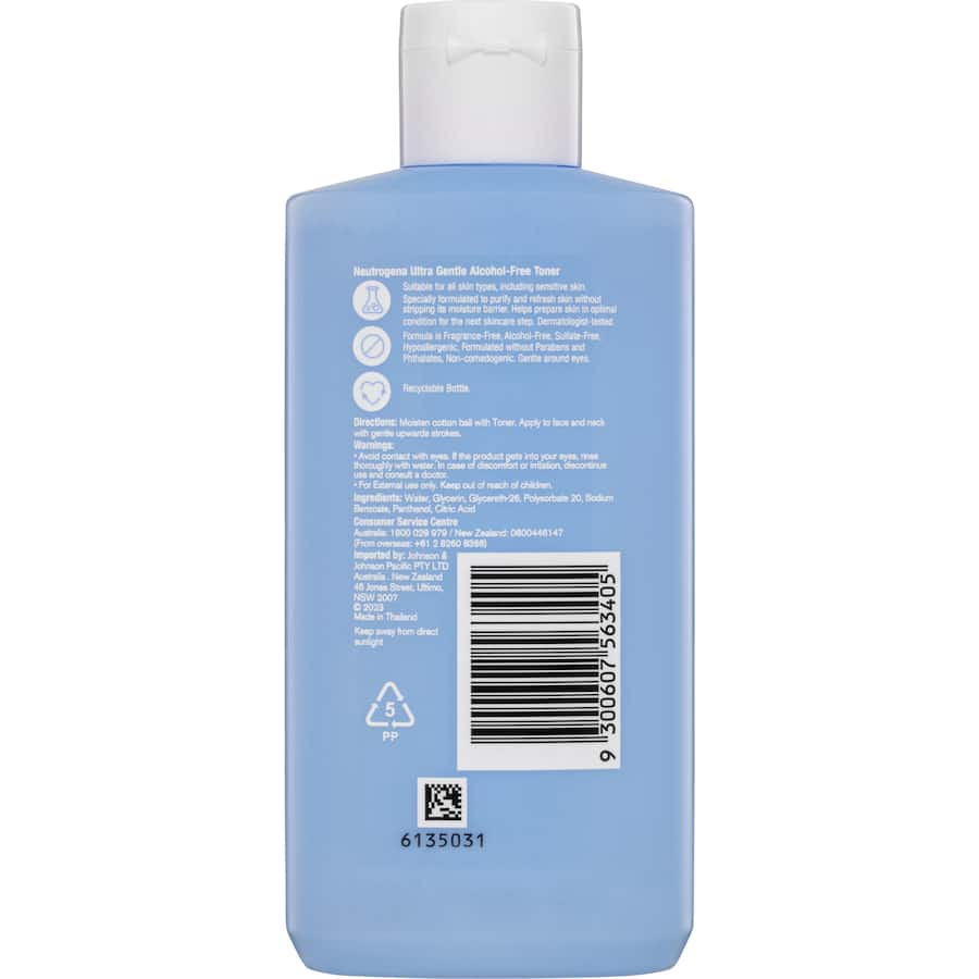 Neutrogena Ultra Gentle Alcohol-Free Toner bottle, designed for sensitive skin, hydrates and refreshes without dryness.