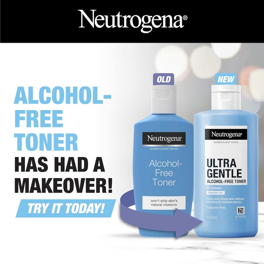 Neutrogena Ultra Gentle Alcohol-Free Toner, designed for sensitive skin, hydrates and refreshes without stripping moisture.