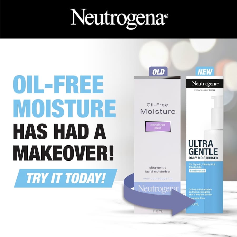 Neutrogena Ultra Gentle Daily Moisturiser, lightweight and oil-free, hydrates sensitive skin for 24 hours with Glycerin and Niacinamide.