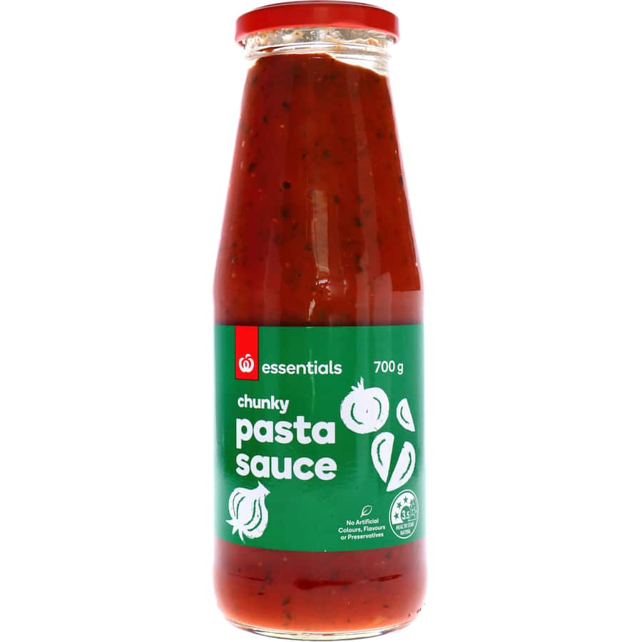 Essentials Pasta Sauce Chunky, featuring rich tomatoes and herbs, perfect for quick meals and versatile cooking.