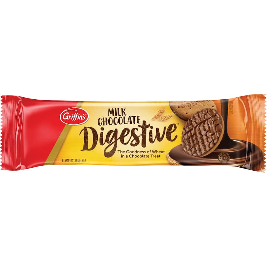 Griffins Digestive Chocolate Biscuits with a crunchy wholemeal base, half coated in smooth milk chocolate for a delectable snack.