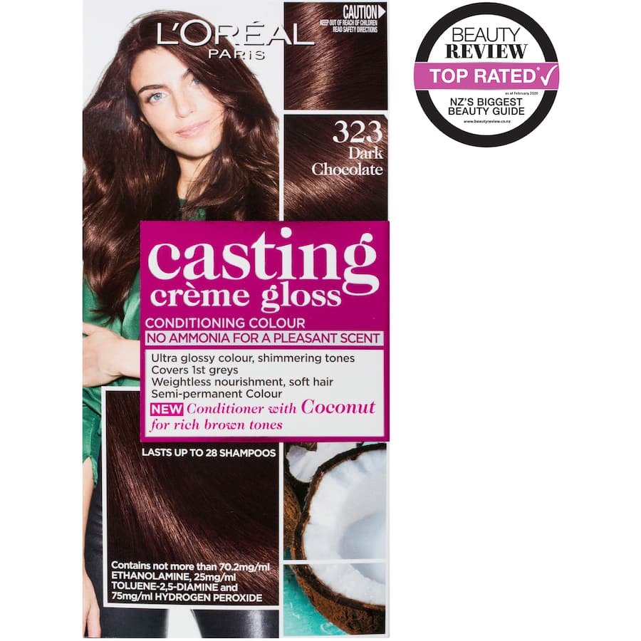 L'Oreal Paris Casting Hair Colour in Dark Choco 323 offers glossy, rich color with nourishing honey conditioner for vibrant results.