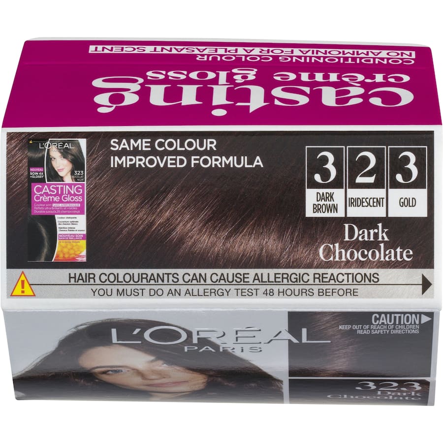 L'Oreal Paris Casting Hair Colour Crème Gloss Dark Choco 323, an ammonia-free formula for vibrant, glossy hair and grey coverage.