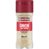 A glass shaker jar of Masterfoods Onion Salt Blend, perfect for enhancing the flavor of vegetables, meats, and breads.