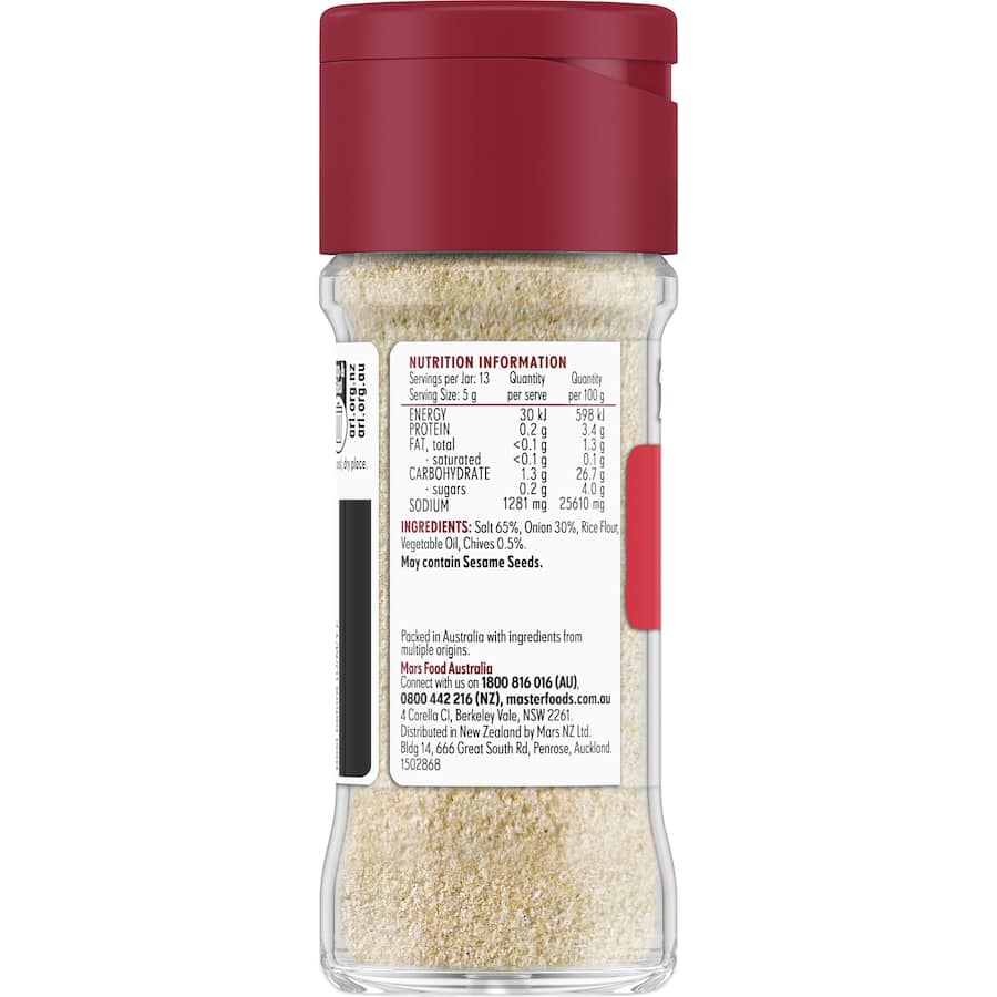 Masterfoods Onion Salt Blend in a glass shaker jar, perfect for enhancing the flavor of meats, veggies, and breads.