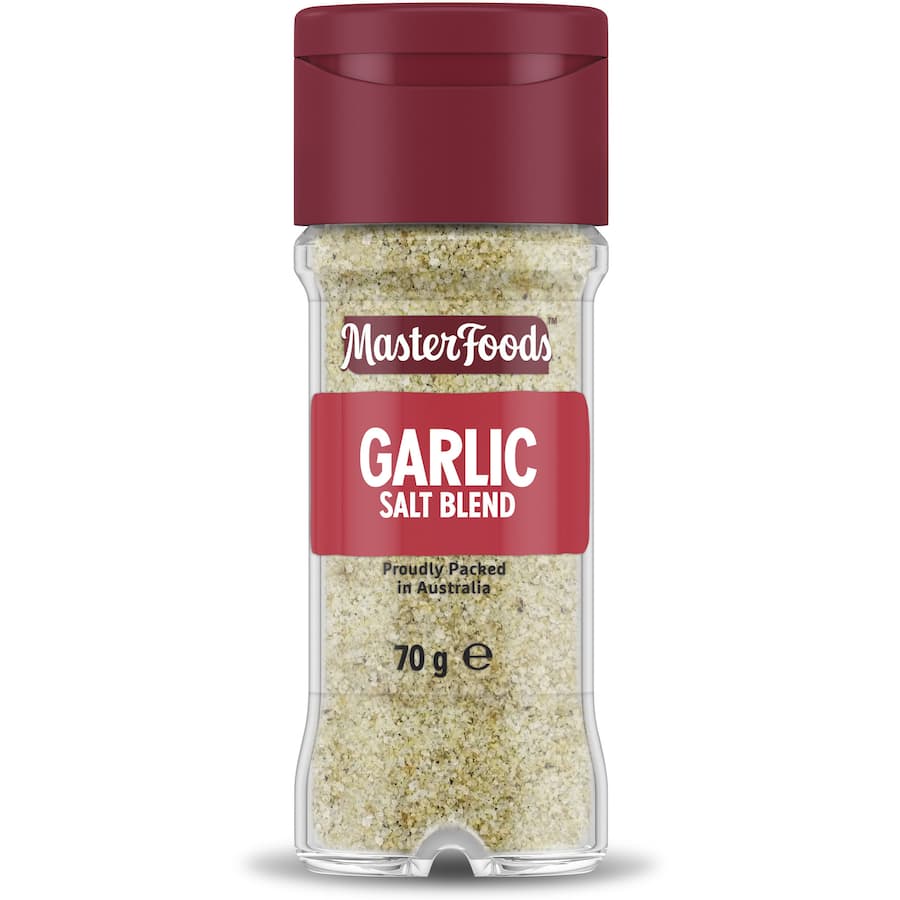 Masterfoods Garlic Salt in a glass shaker jar, perfect for adding mild garlic flavor to dishes like omelettes and stir-frys.