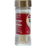 A glass shaker jar of Masterfoods Garlic Salt, ideal for enhancing dishes with a mild garlic flavor.