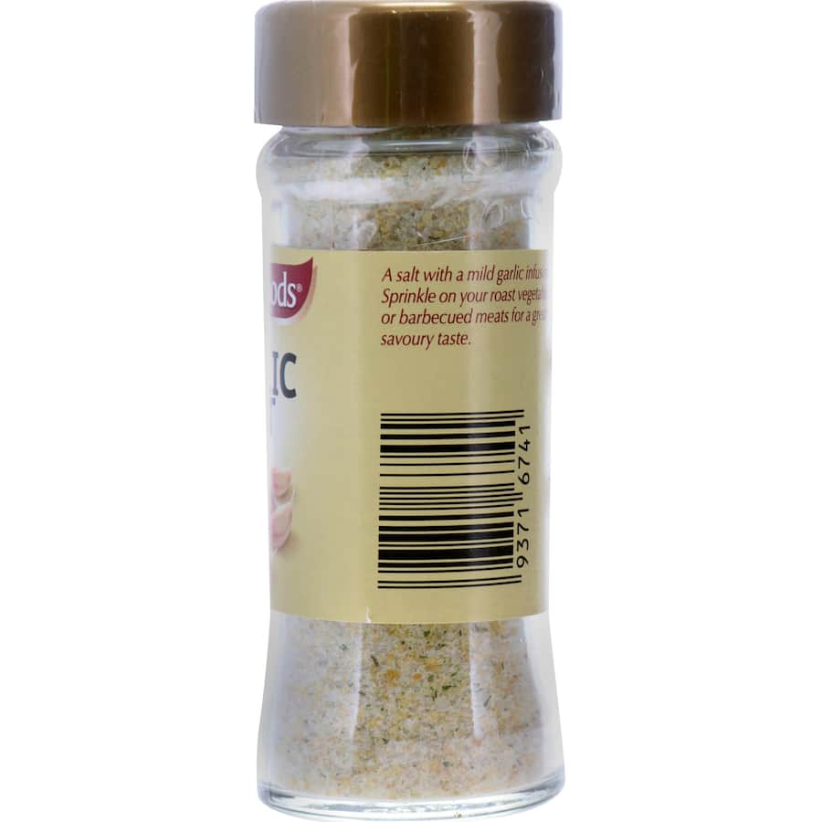 Masterfoods Garlic Salt in a glass shaker jar, perfect for adding mild garlic flavor to dishes like omelettes and stir-frys.