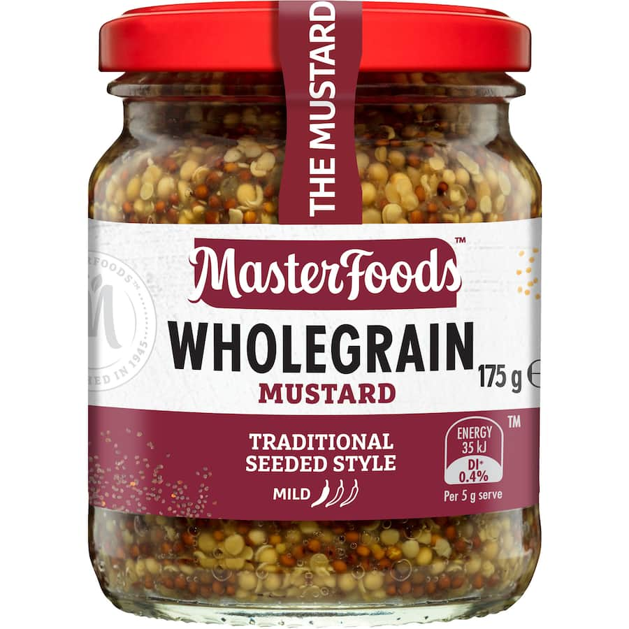 Wholegrain mustard by Masterfoods, ideal for sandwiches, dressings, and enhancing meats with a premium, gourmet flavor.